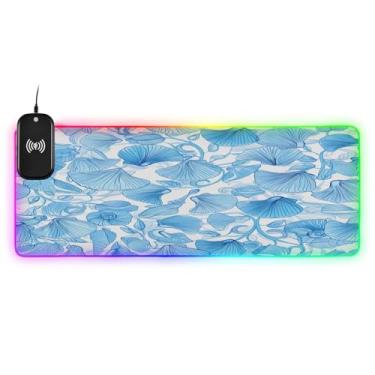 Imagem de CEBUGI Mouse pad de carregamento sem fio Blue Seashells 15W Fast Gaming Mouse Pad com 14 iluminação LED RGB para jogos, PC, laptop, mesa 80 x 30 cm