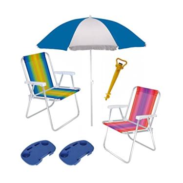 Imagem de Kit Praia 2 Cadeira Alta Alumínio + Guarda Sol 1,8m + 2 Mesa Portátil + Saca Areia - Mor - Azul