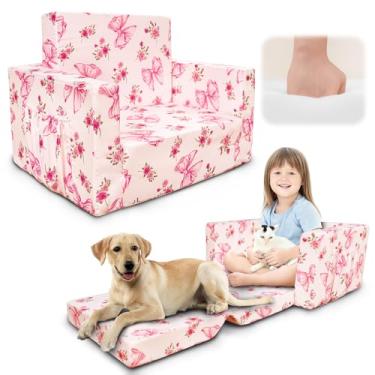 Imagem de Beavtaens Sofá infantil, sofá dobrável 2 em 1, sofá conversível para espreguiçadeira para meninas e meninos, cadeiras infantis macias confortáveis de 1 a 3 anos (laço rosa)
