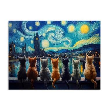 Imagem de Dazzlewall Pôster de arte de parede de gatos de noite estrelada, impressão artística de Van Gosh com paisagem de gato sentado para quarto, sala de estar, 30 x 40 cm, sem moldura