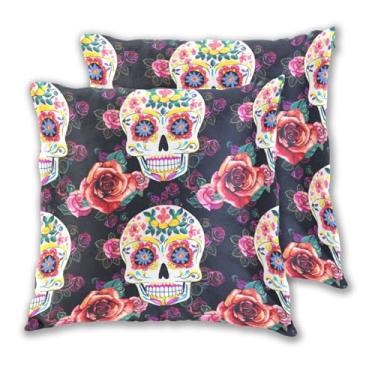 Imagem de Joitme Conjunto de 2 capas de almofadas pretas pintadas com caveiras de açúcar rosas e almofadas de sofá para quarto, 45 x 45 cm, 2 peças