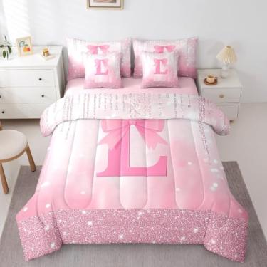 Imagem de Feelyou Conjunto de edredom infantil com laço rosa, tamanho king, com inicial G personalizada, princesa, glitter, 7 peças, conjunto de cama para meninos e meninas, alfabeto e adolescentes, 7 peças