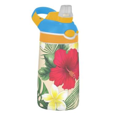 Imagem de Garrafa de água infantil de 473 ml à prova de vazamento 473 ml Tritan Sports com canudo copo infantil reutilizável portátil, alça de transporte, flores vermelhas tropicais, folhas verdes