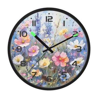 Imagem de SEHANY Herb Wildflower Relógio de parede silencioso sem tique-taque relógio redondo operado por bateria 30 cm controle de som luz noturna relógios de parede para sala de estar, cozinha, quarto