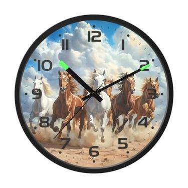 Imagem de SEHANY Relógio de parede artístico majestoso cavalos silencioso, sem tique-taque, relógio redondo operado por bateria, controle de som, luz noturna, relógios de parede para sala de estar, cozinha