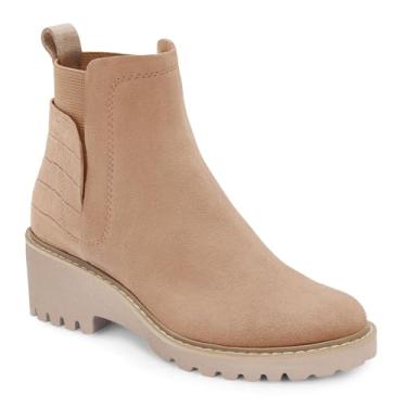 Imagem de Trish Lucia Bota Chelsea feminina plataforma sola Chelsea cano alto salto bloco grosso antiderrapante camurça couro slip on Combat Fashion Booties, Marrom claro, 37