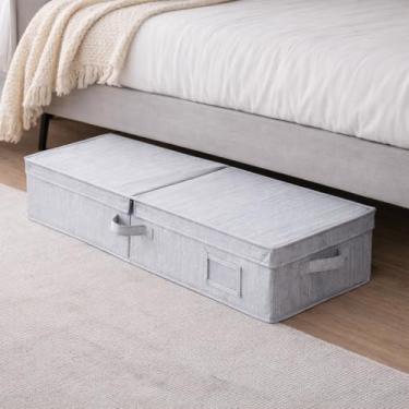 Imagem de Bolsa de armazenamento sob a cama com fecho de zíper e tampa flip-top - Recipiente de armazenamento de cobertor plano de 76 x 30 x 16,5 cm com alças - Organizador de tecido para roupas sazonais em cor