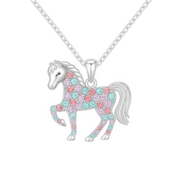 Imagem de Colar com pingente de cavalo de cristal, strass rosa e azul, corrente de prata, 44,7 cm