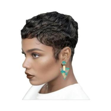 Imagem de Peruca Feminina Curta De Cabelo Humano Com Ondas Cacheadas E Franja, F