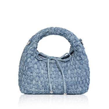 Imagem de JINMANXUE Mini bolsa feminina moderna, sacola de tecido, bolsa composta, bolsa de corrente de tricô, bolsas de ombro transversais, Jeans com laço azul claro