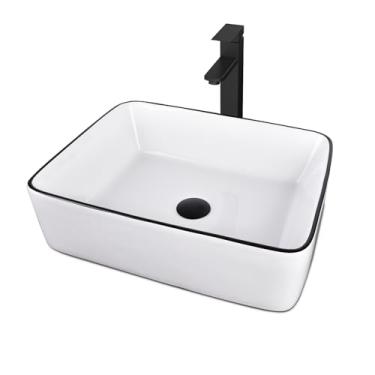 Imagem de Pia de banheiro de cerâmica, pia de vaso de porcelana branca 48 x 38 cm acima do balcão com torneira preta e conjunto de dreno pop-up, retangular