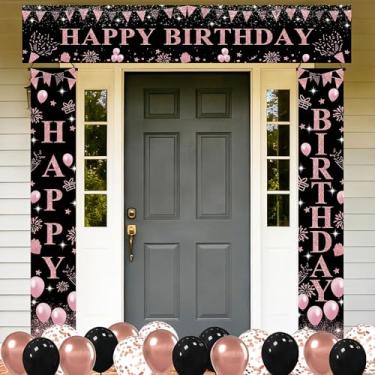 Imagem de Decorações de feliz aniversário para mulheres, banners de feliz aniversário em preto e ouro rosa, decoração de festa, ouro rosa metálico, confetes, balão preto