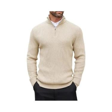 Imagem de Suéter Masculino De Manga Longa Com Zíper De 1/4, Ajuste Slim, Casual,
