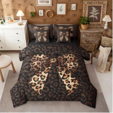 Imagem de Erosebridal Jogo de cama King com estampa de leopardo e laço de guepardo e laço de guepardo, para adolescentes e adolescentes, conjunto de lençol com laço e nó de laço de vida selvagem marrom