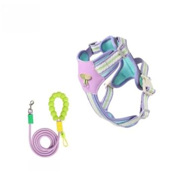 Imagem de Peitoral para Cães com Guia 1,85m Refletivo Ajustável Conforto Segurança Médio Pequeno Porte(Azul com borda lilás,S（2-3kg）)
