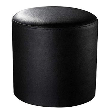 Imagem de Pufe redondo de couro com pernas de madeira maciça - Otomano estofado branco, banco pequeno de 28 x 28 x 30 cm para sala de estar, mesa de centro, decoração de casa elegante