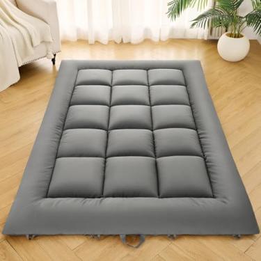Imagem de DOWNSTORIA Colchão de chão japonês, colchão de futon dobrável, tapete de tatame com alça, almofada de dormir de dormitório dobrável para acampamento, cama de quarto de hóspedes, tamanho casal, cinza