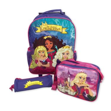 Imagem de Mochila Infantil Escolar Kit Com Bolsa Lancheira E Estojo Para Criança Estudar Princesas Roxa