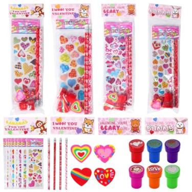 Imagem de 28 Packs Assorted Valentines Day Stationery Set, Valentine's Day Gifts Includes Pencil, Erasers, Cards, Stickers, Stamper for Kids Valentine's Day Party Favor Supplies School Classroom Exchange