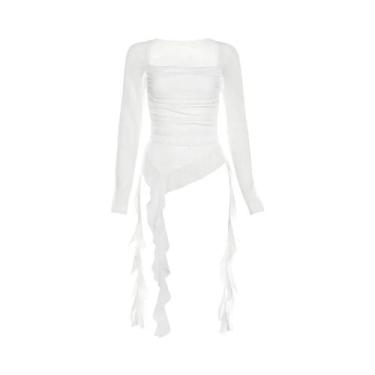 Imagem de Blusa Feminina Cropped Coreana Y2K Com Babados, Manga Longa, Assimétri