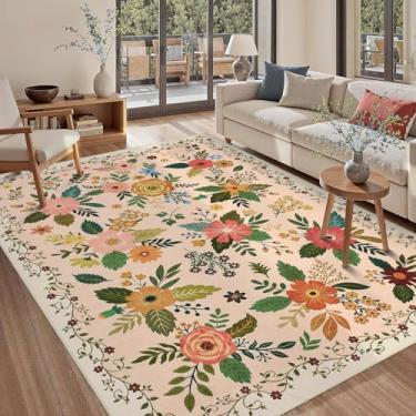 Imagem de GarveeHome Tapete floral Boho 12 x 18 cm, antiderrapante, com pelo baixo, lavável à máquina, tapetes grandes para sala de estar, quarto, casa de fazenda, sala de jantar, sala de jogos infantis, rosa