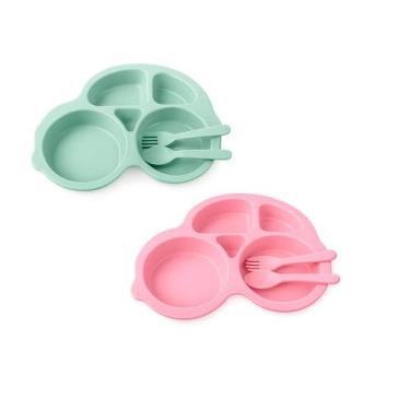 Imagem de Kit 2 pratinho Infantil com talheres Crianças Prato 3Uni Festa Escola 