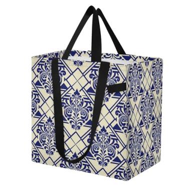 Imagem de SEHANY Sacolas de compras reutilizáveis de porcelana azul e branca com alças reforçadas, bolsa de compras de lona dobrável à prova d'água de grande capacidade para viagem, cozinha, praia