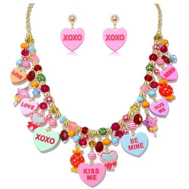 Imagem de PHALIN Colar de Dia dos Namorados, Brincos Femininos LOVE XOXO Conversation Candy Heart Pendente, Brincos, Pulseira, Acessórios para Dia dos Namorados, Presentes para Ela, One Size, Liga de aço, Sem