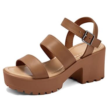 Imagem de mysoft Sandálias femininas plataforma tira no tornozelo bico aberto sola saliente 7,6 cm sandálias de salto bloco grosso, Marrom, 36