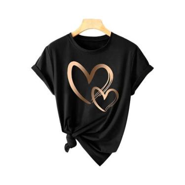 Imagem de Camiseta Casual Feminina Com Estampa De Coração, Manga Curta, Decote R