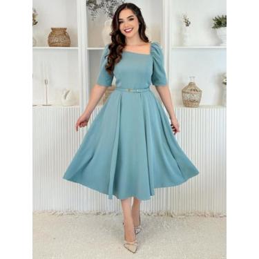 Imagem de Vestido Midi Social Elegante Decote Quadrado Assimétrico de Festa Conv