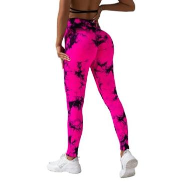 Imagem de tincolia Meia-calça legging feminina tie dye cintura alta levanta bumbum controle de barriga push up sem costura calças de ioga exercícios - rosa vermelho-M