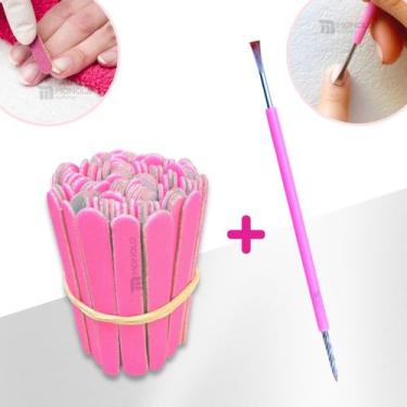 Imagem de Kit 100 Mini Lixa Unha + 1 Espátula Mista Cutícula Manicure Cutelaria 