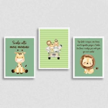 Imagem de Kit 3 Quadros Tema Safari Infantil Sonhe Alto 33X24Cm Branca - Quadros