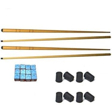 Imagem de Kit 4 Taco 1,30m + 1 Dz Giz Azul + 8 Ponteiras Sinuca Bilhar - Tacolan