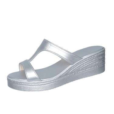 Imagem de Sandálias femininas casuais baotou com meio chinelo grosso design de salto plataforma calçado confortável feito de poliuretano, Prata, 36