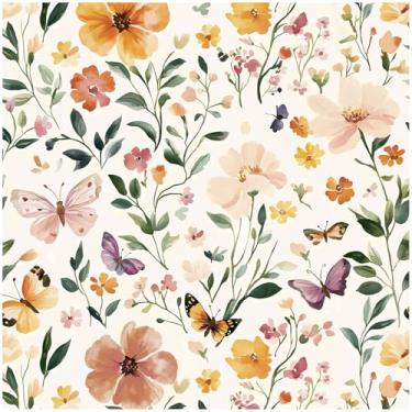 Imagem de Theper Papel de parede floral para contato floral Boho 43 cm × 497 cm, papel de parede vintage, descasque e cole flores silvestres, papel de parede autoadesivo removível para armários de quarto, vinil