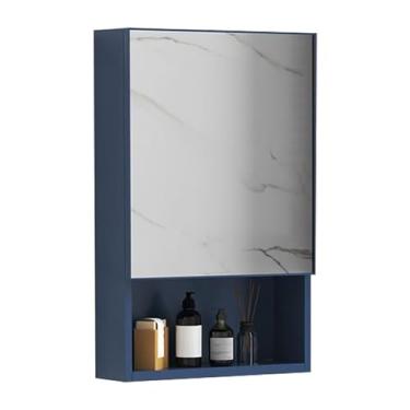 Imagem de Armário de banheiro inteligente montado na parede azul - Espelho de armário de remédios de porta única com prateleiras, design retangular, solução de armazenamento de 40 cm para banheiros modernos