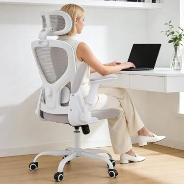 Imagem de Morkprism Cadeira de escritório, cadeira de escritório ergonômica com suporte lombar ajustável 2D, encosto de cabeça 3D, braços 2D, 150 kg, cadeiras executivas giratórias giratórias de 150 kg, cinza