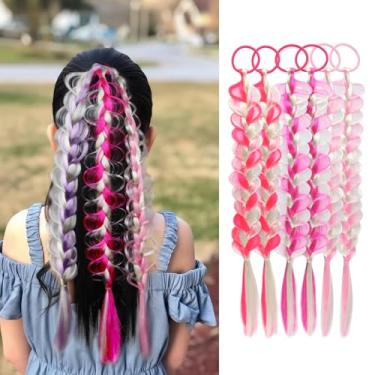 Imagem de Extensões de cabelo trançado colorido para crianças, 6 peças de rabo de cavalo trançado com faixas de borracha, acessórios para o dia a dia, com apliques de cabelo sintético arco-íris para meninas