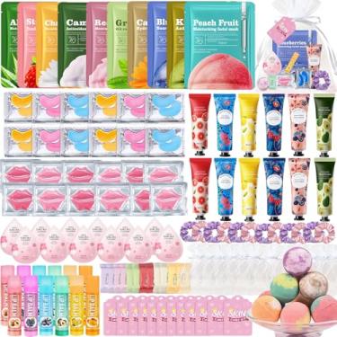 Imagem de 132 peças de suprimentos de festa de spa para mulheres, lembrancinhas de festa de spa incluem máscaras faciais, máscaras labiais, máscaras para os olhos, creme para as mãos, protetor labial, bombas de