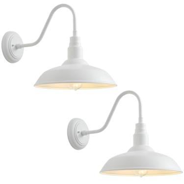 Imagem de GOALPLUS Pacote com 2 luzes de pescoço de ganso de celeiro de 35,5 cm para casa, luminária de parede branca para casa de fazenda externa para varanda, arandela de parede de pátio externo para porta da