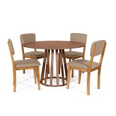 Imagem de Mesa De Jantar Redonda Gabi Noronha Com 4 Cadeiras Estofadas Ella Marrom Claro