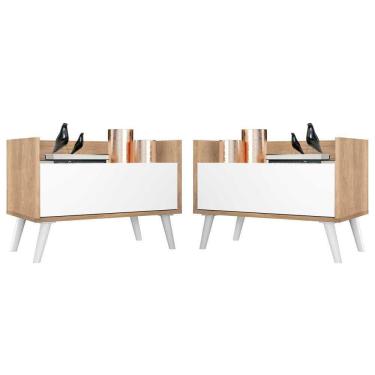 Imagem de Kit Com 2 Mesas De Cabeceira 80Cm Retrô Multimóveis V4002 Rustic/Branca Rustic/Branco