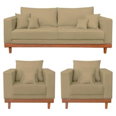 Imagem de Kit 2 Poltronas Living + Sofá 3 Lugares Base Madeira Suede