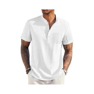 Imagem de Camiseta Masculina De Verão Em Algodão E Linho Com Gola Henley, Leve, 