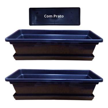 Imagem de Kit 2 Jardineira Floreira Com Prato Acoplado 45cm Jardinagem - - Preto