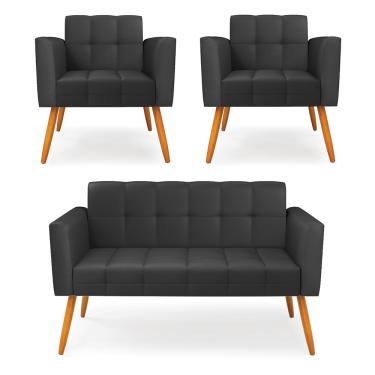 Imagem de Kit 1 Sofá Namoradeira e 2 Poltronas Elisa Corino Preto Pés Palito Castanho D03 - D'Rossi