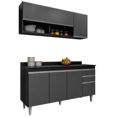 Imagem de Kit Balcão 4 Portas e Armário Aéreo 150 cm Lupin Preto/Grafite - Mader