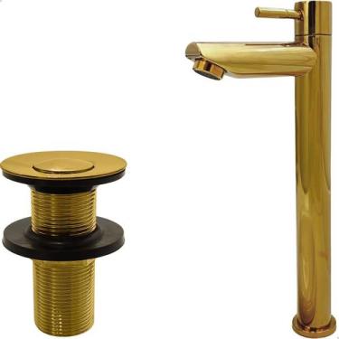 Imagem de Torneira Dourada Bica Alta Simples Válvula Click  8 Aço Inox Ralo Pia 